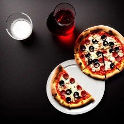 pizza on plate, coca cola glass, black background