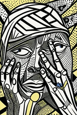 tribal man in grief with hands on face crazy shapes pencil draw style of roy lichtenstein