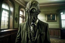 ww1 sick archeologist with suit talking close-up standing up looking to the camera, inside mansion room background, cthulhu face