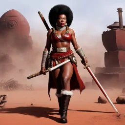 Nyota Uhura, ready to fight, in dust, rust and blood, her body is covered with multiple pearls and leather belts, in fur boots, she blows deep into the didgeridoo