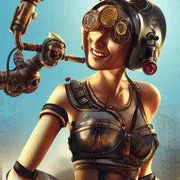 great illustrator, spanish, realistic rendering of a italian cute girl, beautiful, steampunk syle, acuarello. Helmet with tubes. smiling. Machinery in the background. robotic bird flying. High details. 4k. unreal engine