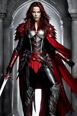 Gorgeous photograph Silver and red fantasy Beautiful Kate Beckinsale as an Queen Vampire armour, with a red cape, with black and red spikes coming out the back and arms, glowing red eyes, long red hair pony tail coming out,at castle