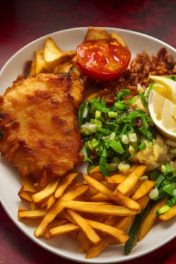 STYLE: Close-up shot | GENRE: Gourmet | EMOTION: Tempting | SCENE: A plate of freshly grilled fish and chips with seasoning and garnish | TAGS: High-end food photography, clean composition, dramatic lighting, luxurious, elegant, mouth-watering, indulgent, gourmet | CAMERA: Nikon Z7 | FOCAL LENGTH: 105mm | SHOT TYPE: Close-up | COMPOSITION: Centered | LIGHTING: Soft, directional | PRODUCTION: Food Stylist| TIME: Evening --ar 16:8