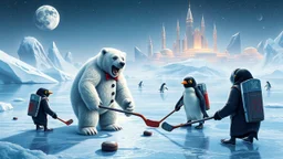 Charlie Chaplin as unstable polar growlar bear on the planet of Ceres, with some penguins with rocket backpacks smacking large pucks, and playing hockey on frozen lake with astronauts, in front of ice megapolis