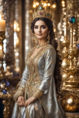 Stand pose gorgeous photography art,cinematic realistic colors,soft blur lens focus dslr,natural beauty, of young woman, smiling, beautiful, shiny grey eyes, make up,Queen Persian style, shiny baubles, ornate, large gemstones, shiny molten metalics, shiny ornaments flowers pattern golden,full jewelrys diamonds bright shining,brown hair, high definition,stand in luxury castle background