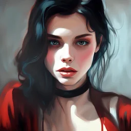 close-up futurism style painting of an european woman with a dirty face, dark colors, dramatic effect, light is in his eyes ::2 reminiscent of 1980s synthwave aesthetics, retro-futurism style