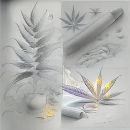 Design a composite that potrays pleasure and relaxation derived from indulging in hash and weed, using elements like soft textures, hazy, and gentle curves to evoke a sense of tranquility and bliss. pencil sketch without rendering, shading and filling