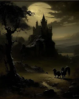 A black moon Arabian castle with shadow monsters painted by George Inness