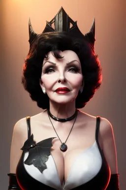 Joan Collins as evil queen in black leather, leather, busty, cleavage, angry, stern look. character design by cory loftis, fenghua zhong, ryohei hase, ismail inceoglu and ruan jia. unreal engine 5, artistic lighting, highly detailed, photorealistic, fantasy