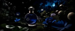 Generate me an aesthetic image of stylish perfume bottle in a moonlit garden