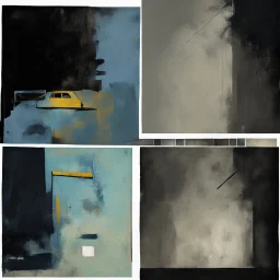 Minimal contemporary abstract oil paintings of desolate 1960s carpark with road markings and concrete fragments. Overlay with grungy typography graphics.