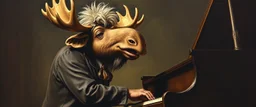 master oil painting by Rembrandt, laughing happy opera mozart moose with a wig, playing big big biggest piano real hard so pieces fly
