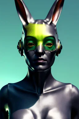 Medium Close Up Portrait, Front image. cyberpunk, rabbit mask, british woman, volcano hair. Latex suit army. white, yellow, color. Sexy cyborg style. Color background, photo studio. Avatar image, highly detailed, concept art, smooth, unreal engine 5, ray tracing, RTX, lumen lighting, ultra detail, volumetric lighting, 3d, finely drawn, high definition, high resolution.