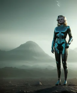 Ultra Realistic retro sci-fi scene, portrait, 2 blonde woman clones, sweet young Marilyn Monroe face, perfect iris, tight latex coat, helmet, Strange planet background. Spaceship, fog, rain, soft color, highly detailed, unreal engine 5, ray tracing, RTX, lumen lighting, ultra detail, volumetric lighting, 3d, finely drawn, high definition, high resolution.