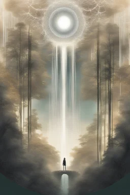 Desolate treeless post-Apocalyptic urban setting with a huge portal being generated in mid air. The border of the portal is made of a wispy translucent white and golden lacy light with geometric fractal patterns. Inside of the portal, a peaceful lush forest setting with a waterfall can be seen distinctly juxtaposed with the dismal setting outside of the beautiful portal