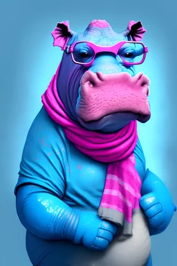 A pink hippo that is a ufc fighter, wearing.a blue shirt and scarf, goggles