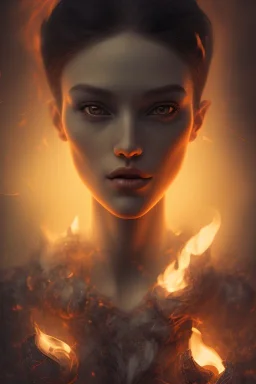 Dark moody night atmosphere, Fire theme art, Portrait of a woman by Michelangelo, 8K, close-up face, anatomically perfect face,