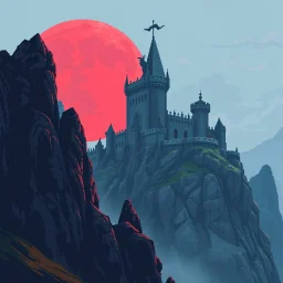 8 bit pixelart a towering castle perched atop windswept cliffs, its jagged stone figure bathed in the cinematic crimson glow of a giant, imposing red harvest moon.