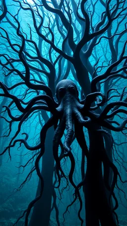 Underwater ocean trees background of black vein, human veins, mixing together a lot of them, like a forest, big and small veins a lot of them, a black creature looks like an octopus with many arms