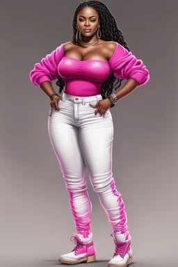 Create a digital airbrush cartoon of a curvy African American female wearing tight white jeans and a off the shoulder hot pink blouse. She is also wearing timberland boots. Prominent make up with hazel eyes. Highly detailed very long extremely braids of black hair. Her skin is smooth and silky. Background of a track of ATV riders.