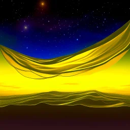 a bed flying through a dark yellow sky, golden mist, flowing fabric, starry night