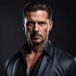 portrait of a 40 year old Handsome, smart gang boss with lightly tanned skin. medium length brown hair slicked back and a goatee beard. mean looking. shirtsleeves rolled up to reveal tattooed arms. photorealistic. 4k