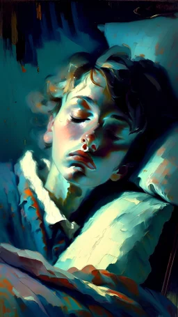 impressionism-style painting of someone trying to sleep but can’t because of dreams