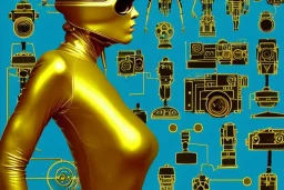 Golden to cyan surfaces body, latex. Brain-Synthesizer. partly coverage metallic. Hot Russian military girl troops. Trooping rebels. Old-fashioned cameras integrated to heads. Strange Steam-punk machines! Dystopia perfect body. Red 4D-tiling. Partly symmetrical in relation to big machines. Perfect golden ratio in all directions. Time-space-continuum. Steam-machines in 5th dimension. Tessellation in 6-dimensions. Paranoid, oppressive atmosphere. Soviet propaganda.