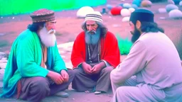 The conversation between the shaman, the shepherd and the guru, old analoge photo, VHS