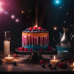 Delicious glowing galaxy cake on a dining table in the kitchen, comfortable light , romantic light, ultra details , photorealistic, realistic , gel lighting, Cinematic, Filmic, medium shot, 4k, Front-light, Cinematic Lighting, volumetric Light, Ray Tracing Reflections, Chromatic Aberration, photography, hyper realistic, 4k, 8k, closeup