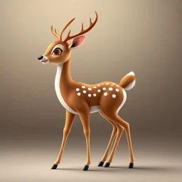 full body of a bald white tail deer with antlers, standing with big smile facing the left and big eyes looking to the left , tail upward, on flat background, in the style of 'My Little Pony' and Bambi, fantastic lighting