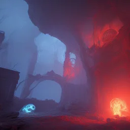 dynamic lighting, Intricately detailed, deep color, Unreal Engine, volumetric lighting, Hell landscape, Hell concept art, Hell fantasy artwork, nightsky, blue, black, nebulae, fields, abandoned buildings, ruins,