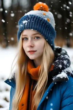 a teen girl with blondy orangey hair standing in a field with snowflakes falling around her, dresses in winter clothes and wearing a winter hat