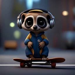 Cute little humanoid meerkat with headphones, riding action with a skateboard in the city, unreal engine, cozy indoor lighting, artstation, high detailed, digital painting, cinematic, character design by mark ryden and pixar and hayao miyazaki, unreal 5, daz, hyperrealistic, octane render