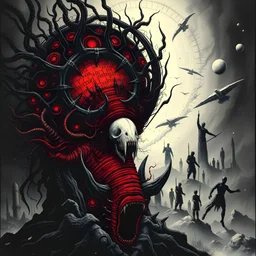 unrestrained chaos, regressive overlapping timeline, horror art, by Arthur Secunda and HR Giger, by Wes Benscoter, mind-bending illustration; dramatic and ominous, asymmetric, Braille language glyphs, abstract cosmic horror,