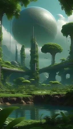 sci fi planet, tall smooth jungle city, gardens, ponds