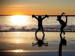 children jumping in water on a beach capture them against the sun and make an art silhouette, hyper details, real sharp, 8k, well detailed, well shaped