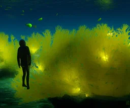 Kelp forest, bulb with yellow bioluminescence, 3d render, Hyper realism, school of fish, avatar, humanoid swimmer with harpon