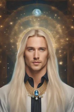 Handsome blond man of 30 years old, male and rich face, businessman, wearing social clothes from work, seeing the spirit of a beautiful woman, goddess appearing as a transparent ghost, with jewels in her long dark hair