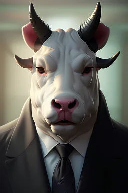a strong bull as a businessman dressed in a fancy suit, cinematic lighting, hyper realism