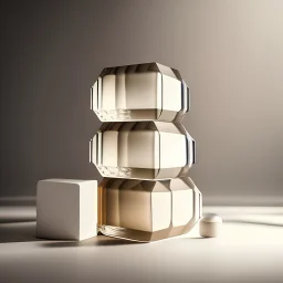 studio photography of a set of highly detailed irregular non-existent glass products, stacked in impossible balance, perfect composition, film studio light, beige color scheme, indirect lighting, 8k, elegant and luxurious style