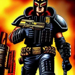 ultra detailed fullbody portrait of JUDGE DREDD (2000 AD) aiming Pistol, extremely detailed digital painting, intrincate, extremely detailed face,crystal clear Big eyes, in the style of Simon Bisley, mystical colors , perfectly centered image, perfect composition, rim light, beautiful lighting, 8k, stunning scene, raytracing