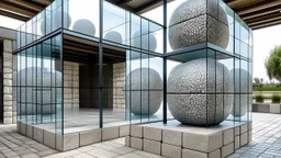 A minimalist construction of hollow stone cubes and frosted glass spheres, inhabited by diverse people within the structures.