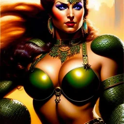 portrait oil on canvas, beautiful busty female Barbarian Warrior,green eyes, ,minimal armor,comic book cover, mystical colors,insanely detailed,realistic,intrincate detail, 16k resolution, masterpiece,Frank Frazetta,Alex Horley, Simon Bisley