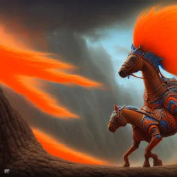 angry horse in orange and blue battle armor, a highly detailed illustration, background of Inka jungle, realistic render, 8 k, micro detail, intricate, elegant, centered, digital painting, Artstation, smooth, sharp focus, illustration, artgerm, tomasz alen kopera, peter mohrbacher, donato giancola, joseph christian leyendecker, wlop, boris vallejo