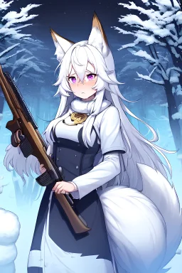 anime, girl, short, white hair, long hair, messy hair, purple eyes, beutiful, ww2, ww2 costume, ww2 helmet, fox ears, fox tail, fox girl, scared, holding rifle, snow night, cold, forest, dark night, dark sky