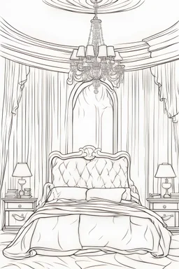 a cut outline art for adults coloring book pages.A bedroom with a chandelier and a bed with a blanket on it ,white background, sketch style, only outlines used, cartoon style, lines, coloring book, clean lines, no background. White, Sketch style.