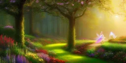 bright fairy, beautiful portrait, flowery landscape