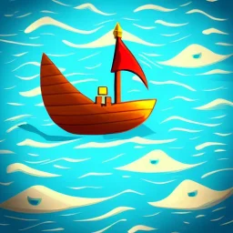 Small wooden ship, Legend Of Zelda: Wind Waker style, on a vast ocean, stylized, colorful, adventurous, full view.
