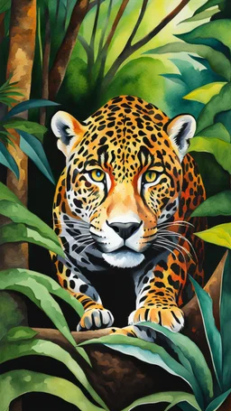 Jaguar en la selva arte acuarela colores contrastantes calidad ultra hiperdetallado maximalista 16k